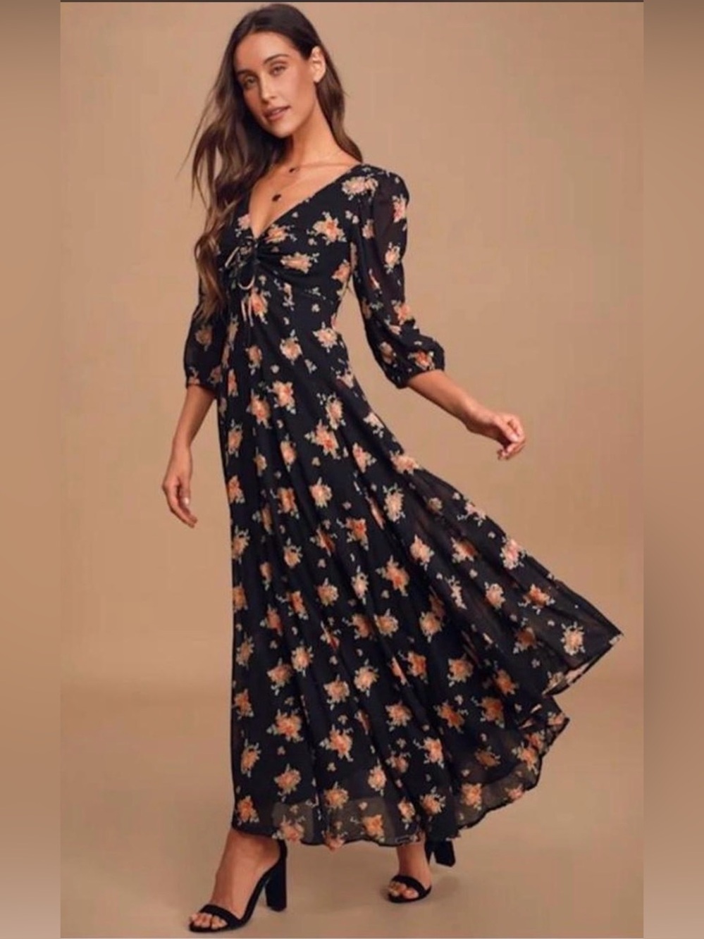 Free People Sea Glass Black Floral Print Balloon Sleeve Maxi Dress Size 10